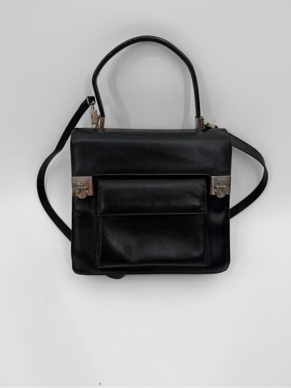 Vintage Salvatore Ferragamo Gancini Kelly Bag Black Leather Auth Papers